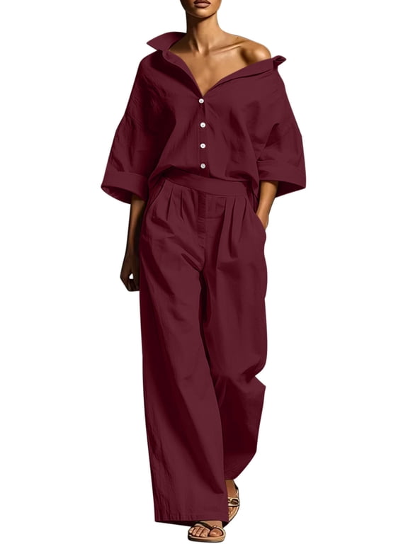 Women's Matching Tracksuit Set Baeitkot Women's Solid Casual 2 Piece Outfits Oversized Button Down Shirts High Waist Pleated Wide Leg Pants Loose Matching Tracksuit Set Wine L