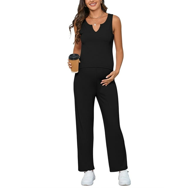 Women's Maternity 2 Piece Outfits Rib Knit Tank Top And Drawstring Waist Wide Leg Pants Lounge Set