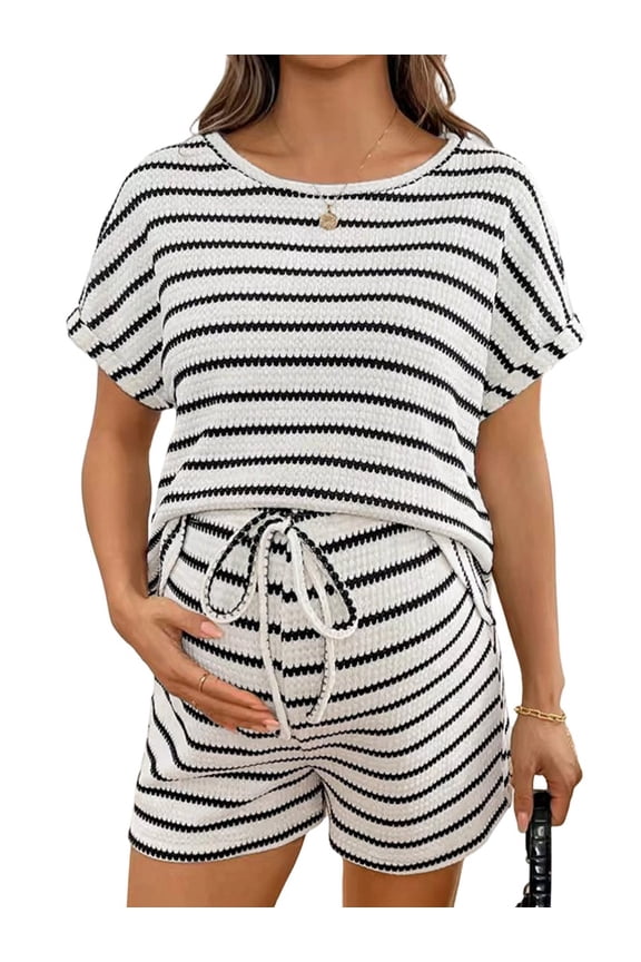Women's Maternity 2 Piece Outfits Striped Crew Neck Short Sleeve Tee and Shorts Pregnancy Sets White M