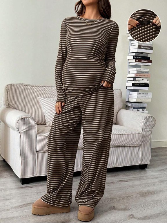 Women's Maternity 2 Piece Striped Long Sleeve Top and Wide Leg Pants Set for Fall Winter Home Daily Wear
