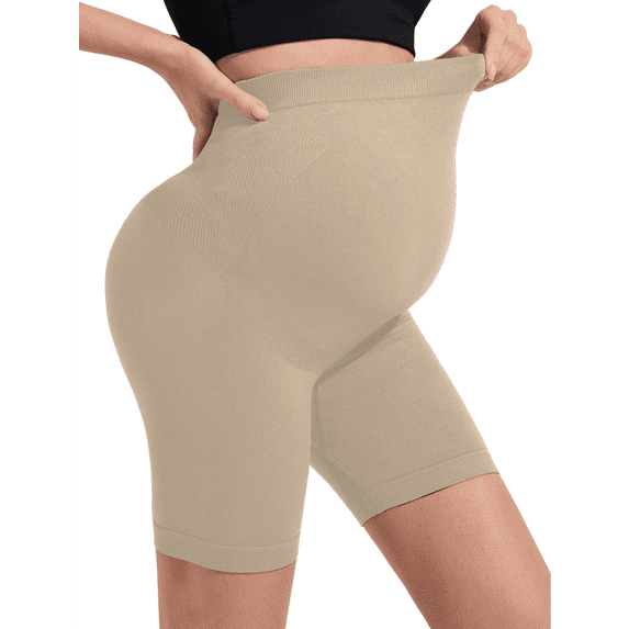 Women's Maternity Biker Shorts, Over Belly High Waist Pregnancy Yoga Shorts, Seamless Stretch Workout Shorts
