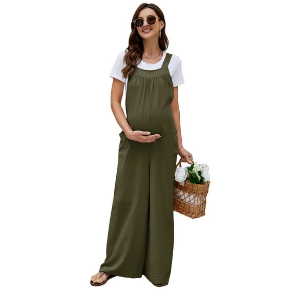 Women's Maternity Casual Loose Jumpsuit Sleeveless Tie Loose Jumpsuit with Pockets