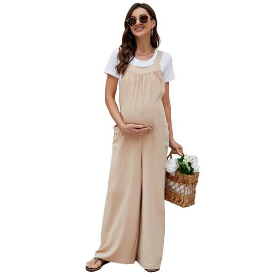 Women's Maternity Casual Loose Jumpsuit Sleeveless Tie Loose Jumpsuit with Pockets