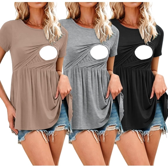 Women's Maternity Clothes Short Sleeve Nursing Tops Breastfeeding Shirts 3-Pack