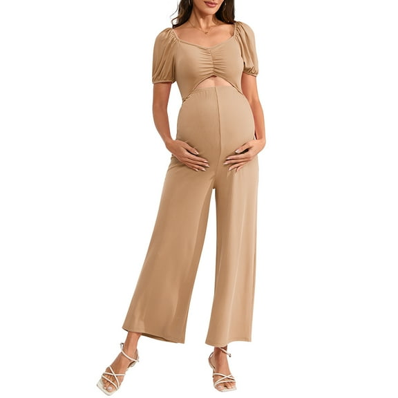 Women's Maternity Cutout Jumpsuits Short Sleeve Sweetheart Neck Casual High Waist Wide Leg Rompers