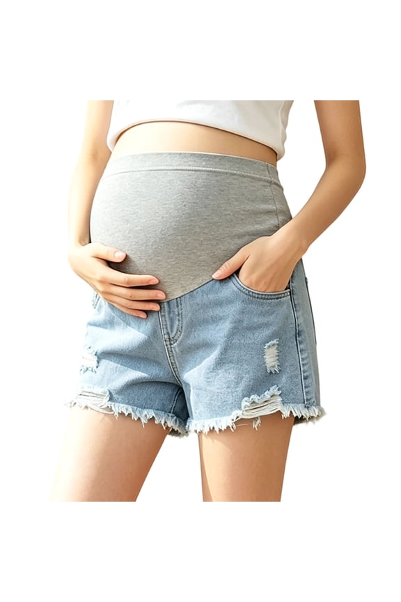 Women's Maternity Denim Shorts High Waist Over Belly Elastic Support Ripped Distressed Hem Summer Pregnancy Jean Shorts