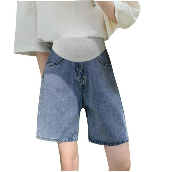 Women's Maternity Denim Shorts Over Belly Pregnancy Lounge Workout Jeans Short with Pockets