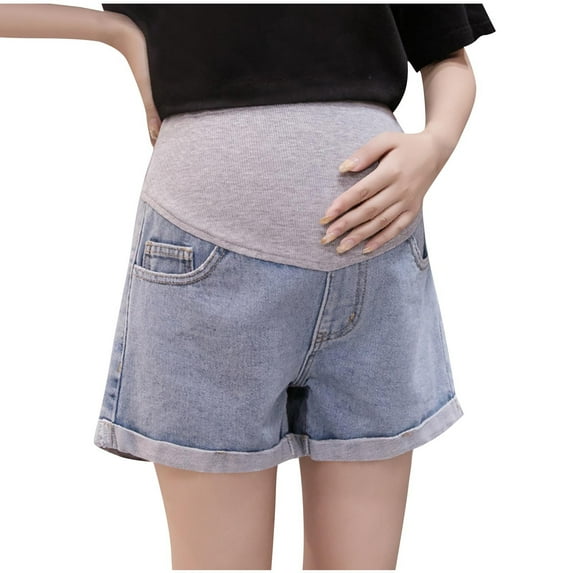 Women's Maternity Denim Shorts Over Belly Pregnancy Lounge Workout Jeans Short with Pockets