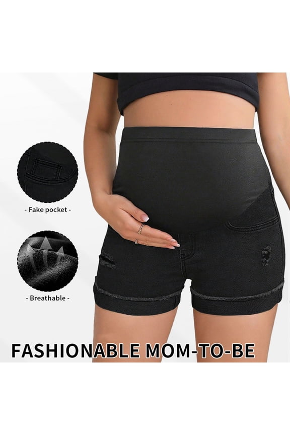 Women's Maternity Denim Shorts Over Belly Pregnancy Summer High Waist Distressed Cuffed Hem Casual Jean Shorts with Pockets Black L