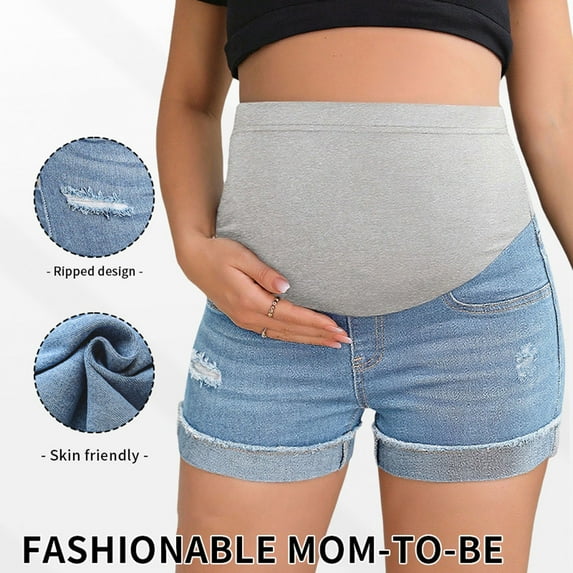 Women's Maternity Denim Shorts Over Belly Pregnancy Summer High Waist Distressed Cuffed Hem Casual Jean Shorts with Pockets Light Blue L