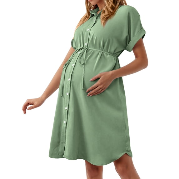 Women's Maternity Dress - Casual Short Sleeve V-Neck, Loose Button Down Shirt Dress for Pregnancy, Breathable Summer Dress,Size for S