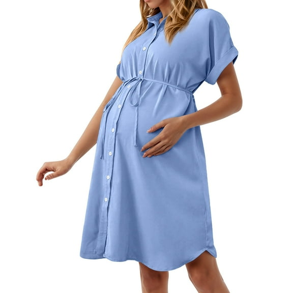 Women's Maternity Dress - Casual Short Sleeve V-Neck, Loose Button Down Shirt Dress for Pregnancy, Breathable Summer Dress,Size for XL