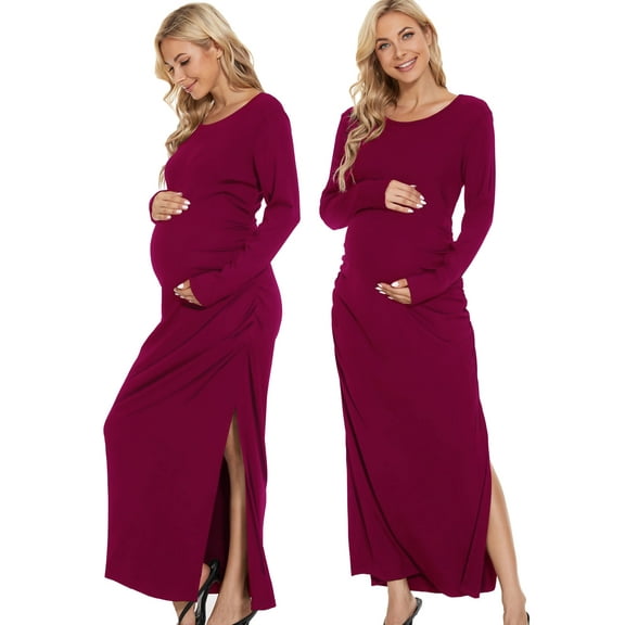 Women's Maternity Dress Long Sleeve Split Ruched Pregnancy Clothes