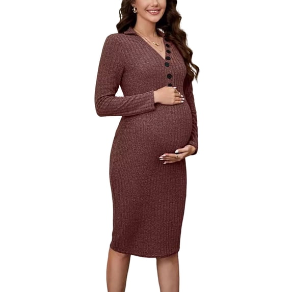 Women's Maternity Dress Long Sleeve Sweater Dress Button Ribbed Knit Slim Fit Elegant Midi Dresses