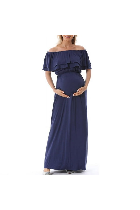 Women's Maternity Dress Nursing Dress Solid Color Loose Flounce Off Shoulder Breastfeeding Pregnant Clothes Short Sleeve Dress Dark Blue XL