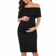 thumbnail image 1 of Women's Maternity Dress Off the Shoulder Ruffle Summer Elegant Ruched Bodycon Baby Shower Pregnancy Dresses Black S, 1 of 7