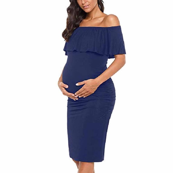 Women's Maternity Dress Off the Shoulder Ruffle Summer Elegant Ruched Bodycon Baby Shower Pregnancy Dresses Navy L
