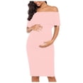 thumbnail image 1 of Women's Maternity Dress Off the Shoulder Ruffle Summer Elegant Ruched Bodycon Baby Shower Pregnancy Dresses Pink S, 1 of 5