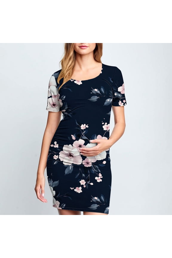 Women's Maternity Dress Ruched Stretch Printed Pregnancy Short Sleeve Round Neck Mini Dresses Multicolor 2 L