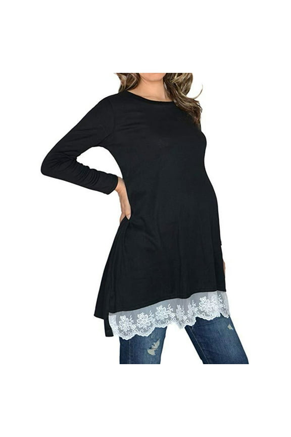 Women's Maternity Dress Shirts - Long Sleeve Lace Tunic Top for Leggings, Crew Neck Swing Shirt Dress Casual Blouse for Pregnancy,Size for XXL