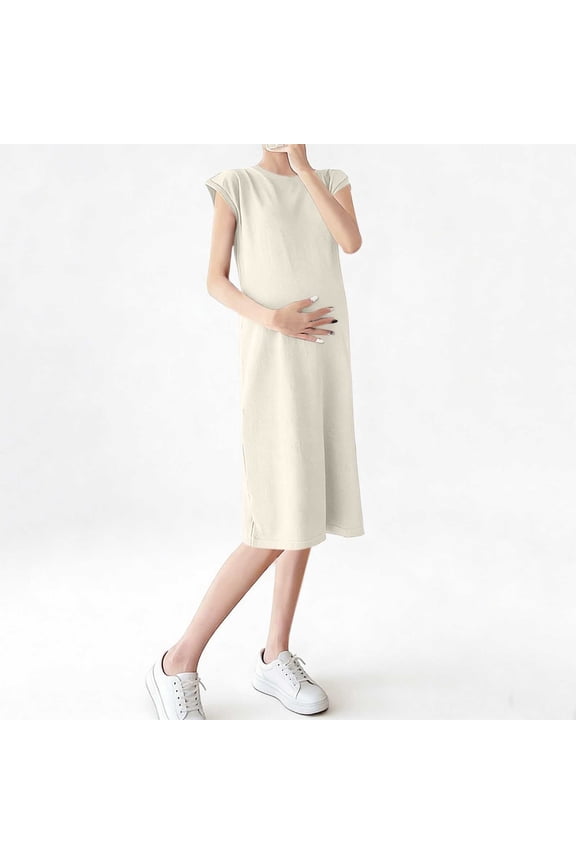 Women's Maternity Dress Short Sleeve Crewneck Solid Color Pregnancy Casual Loose Knee-length Dresses Beige L