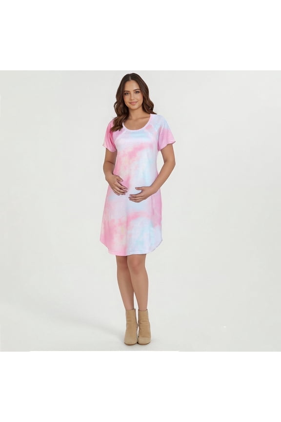 Women's Maternity Dress Short Sleeve Tie-Dye Printed Pregnancy Round Neck Loose Mini Dresses Multicolor L