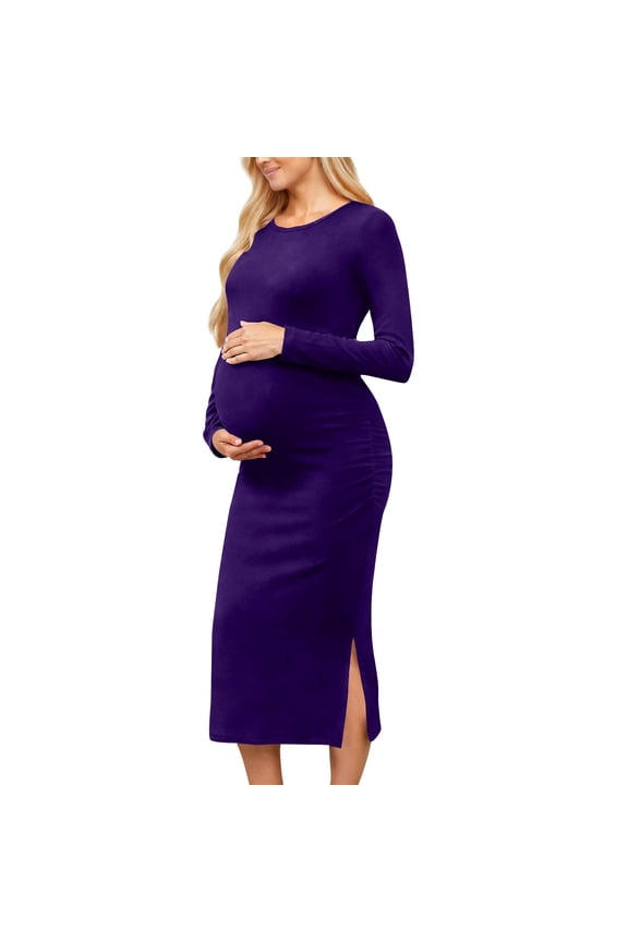 Women's Maternity Dress Soft Stretch Knit Sweater Long Sleeve Midi Dresses Split Hem Casual Pregnancy Clothes (L, Purple)
