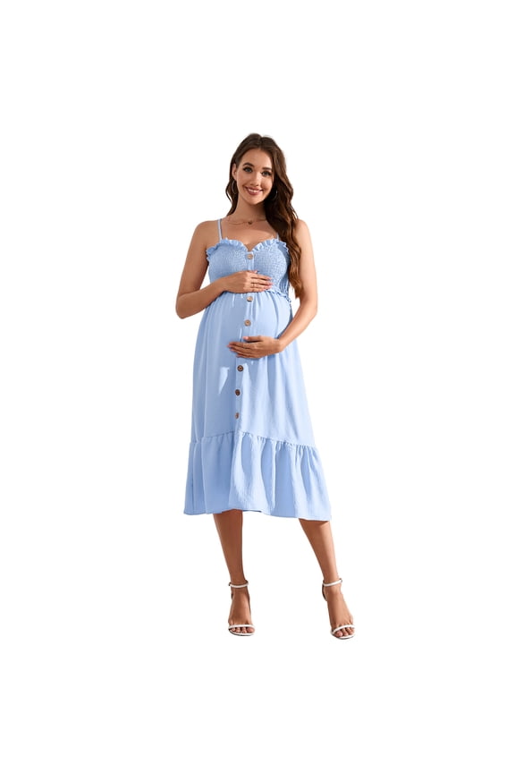 Women's Maternity Dress Summer Sleeveless Smocked Casual Spaghetti Strap Flowy Maxi Dress