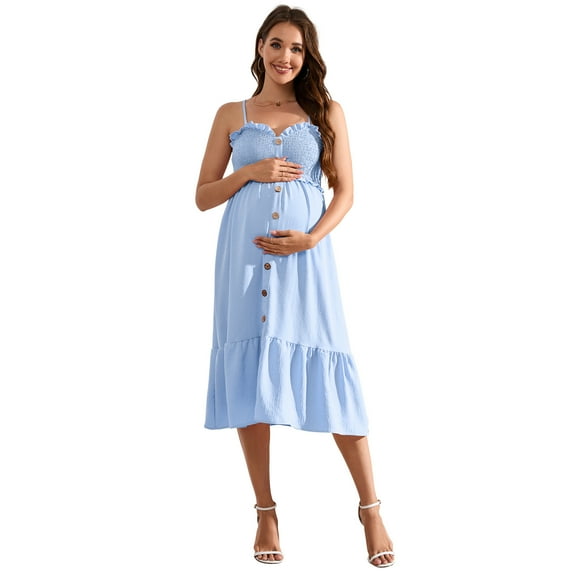 Women's Maternity Dress Summer Sleeveless Smocked Casual Spaghetti Strap Flowy Maxi Dress
