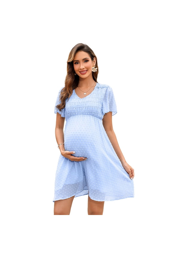 Women's Maternity Dress V Neck Short Sleeve Swiss Polka Dot Midi Dress Summer Casual A Line Dress