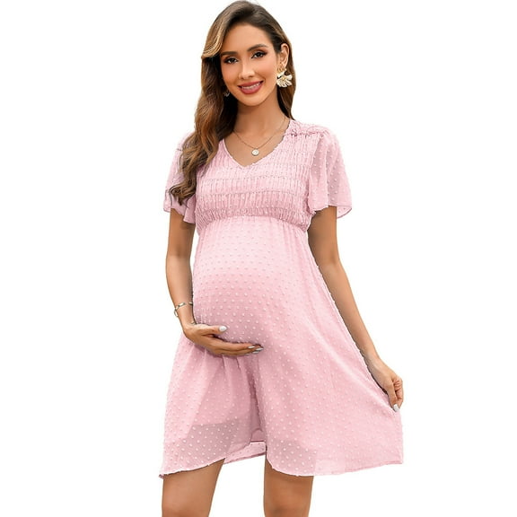 Women's Maternity Dress V Neck Short Sleeve Swiss Polka Dot Midi Dress Summer Casual A Line Dress