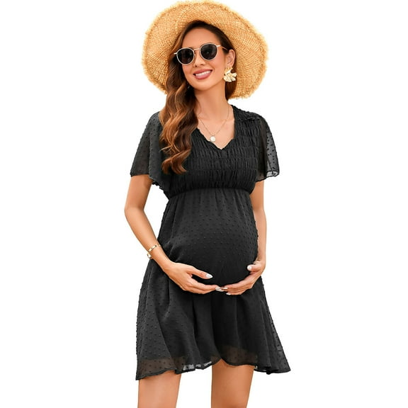 Women's Maternity Dress V Neck Short Sleeve Swiss Polka Dot Midi Dress Summer Casual A Line Dress