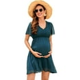 thumbnail image 1 of Women's Maternity Dress V Neck Short Sleeve Swiss Polka Dot Midi Dress Summer Casual A Line Dress, 1 of 5
