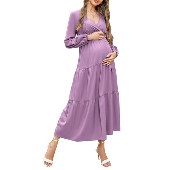 Women's Maternity Dress V-neck Long Sleeve Pleated Maternity Casual Maxi Dresses