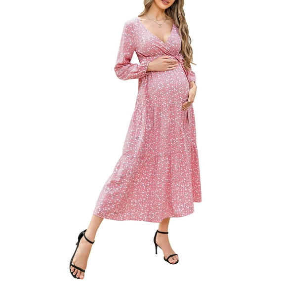Women's Maternity Dress V-neck Long Sleeve Pleated Maternity Casual Maxi Dresses