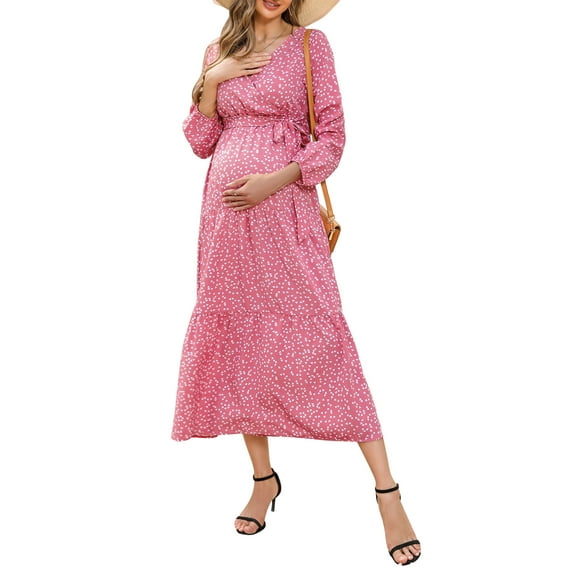 Women's Maternity Dress V-neck Long Sleeve Pleated Maternity Casual Maxi Dresses
