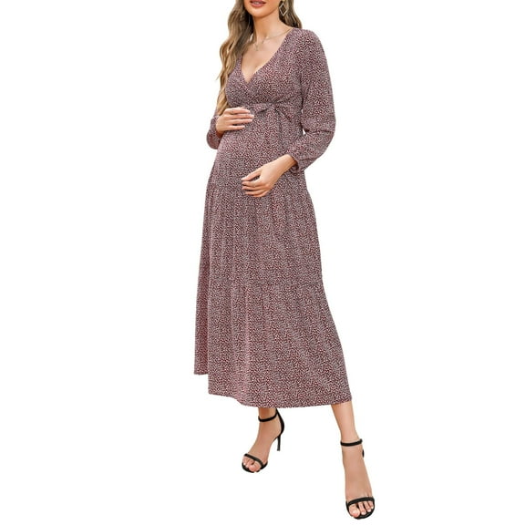 Women's Maternity Dress V-neck Long Sleeve Pleated Maternity Casual Maxi Dresses