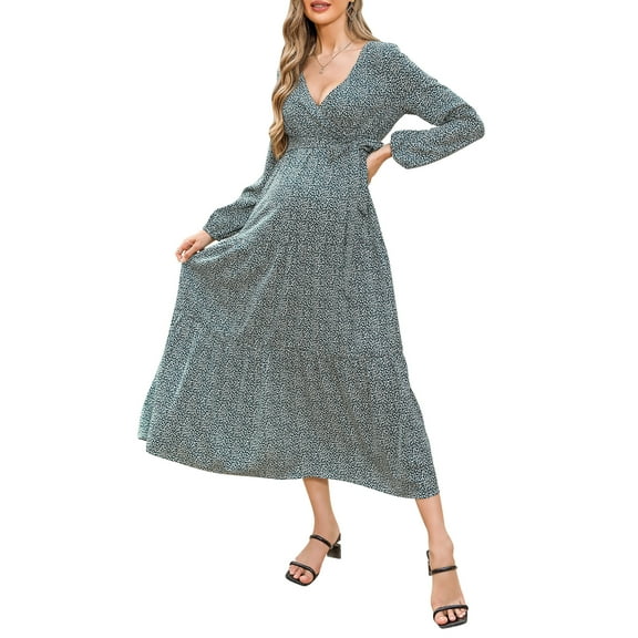 Women's Maternity Dress V-neck Long Sleeve Pleated Maternity Casual Maxi Dresses