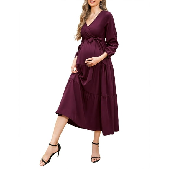 Women's Maternity Dress V-neck Long Sleeve Pleated Maternity Casual Maxi Dresses