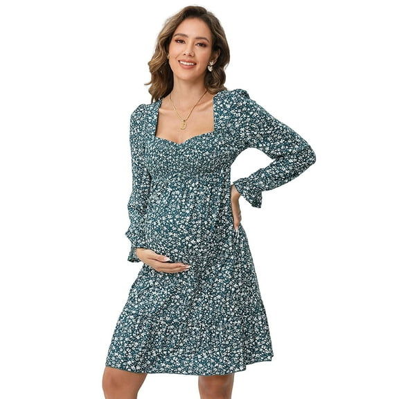 Women's Maternity Dresses A Line Sweetheart Neck Ruffle Flowy Mini Boho Maternity Dress
