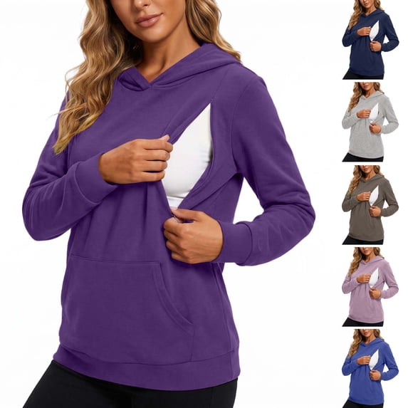 Women's Maternity Fleece Nursing Hoodie Fall Long Sleeve Side Zipper Breastfeeding Casual Pullover Hooded Sweatshirts S-XXL