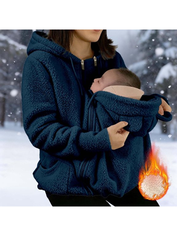 Women's Maternity Full Zip Fleece Jacket with Baby Pouch – Warm Kangaroo Pocket Sweatshirt Hoodie for Pregnancy (Navy,L)