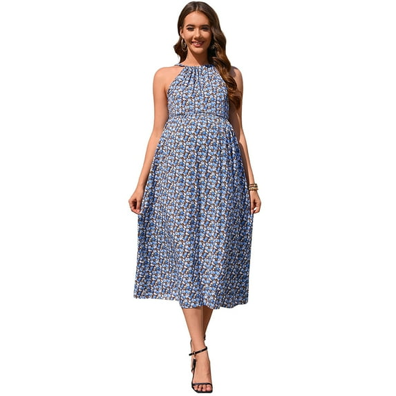 Women's Maternity Halter Neck Sleeveless Summer Dress Casual Boho Ruched Back Strap Maxi Dress