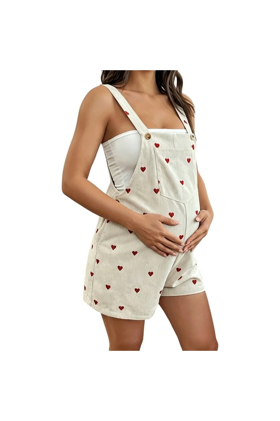 Women's Maternity Heart Print Short Overalls Button Ruched Romper Pregnancy Short Jumpsuits