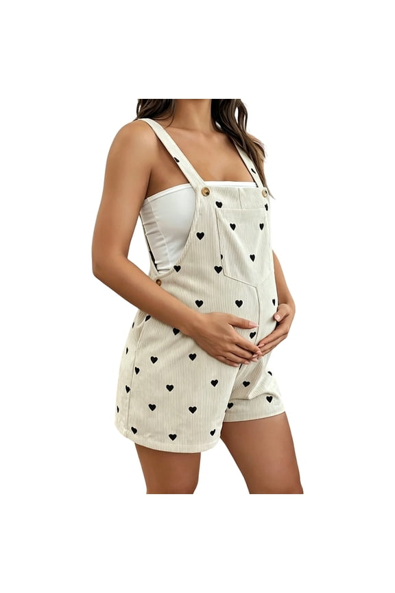 Women's Maternity Heart Print Short Overalls Button Ruched Romper Pregnancy Short Jumpsuits