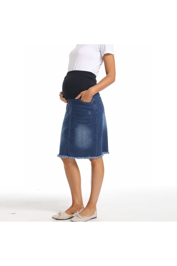 Women's Maternity Jean Denim Maxi Skirt Pregnancy High Waisted A Line Adjustable Waist Long Skirts Blue M