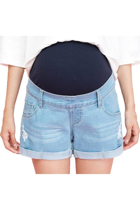Women's Maternity Jean Shorts Underbelly Ripped Mid-Rise Denim Shorts Summer Casual Loose Short Pants with Pants