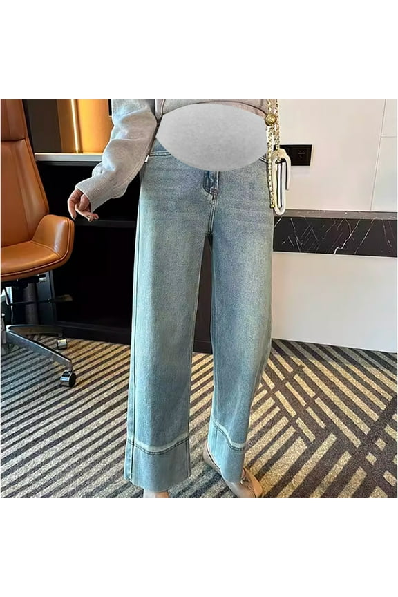 Women's Maternity Jeans Casual Loose Wide Leg Cozy Pant Pregnancy Palazzo Lounge Trousers with Pockets Blue L