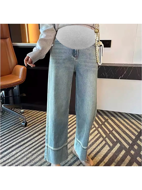 Women's Maternity Jeans Casual Loose Wide Leg Cozy Pant Pregnancy Palazzo Lounge Trousers with Pockets Blue L