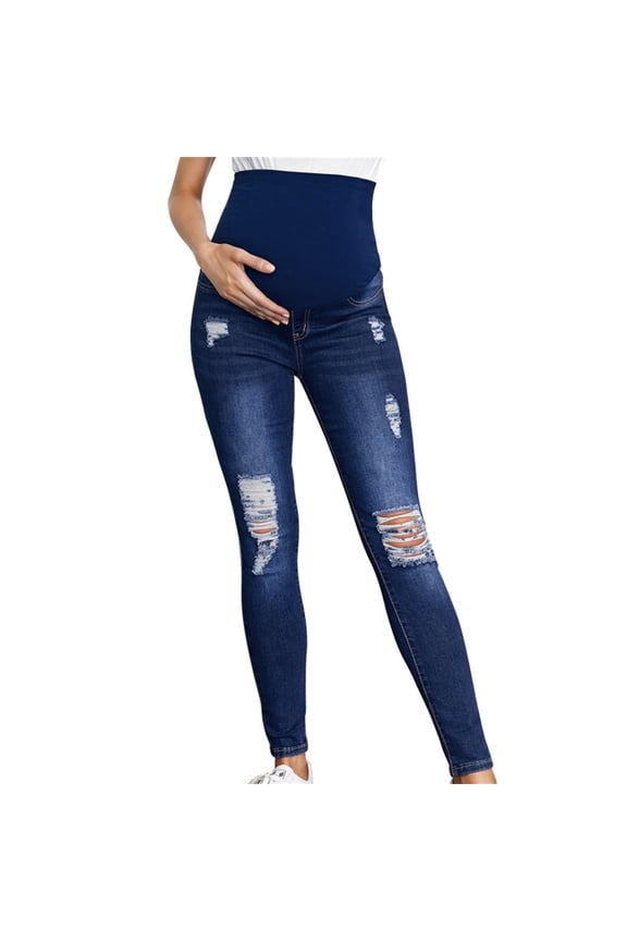 Women's Maternity Jeans Over Belly Comfy Stretch Boyfriend Jeans Denim Pregnancy Pants Blue L